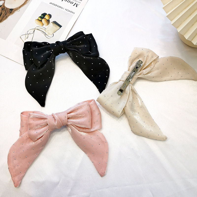 Barrettes Solid Color Shiner Rhinestone Fabric Bow Spring Clip Girl Horse Tail Head Clip - 图片 5