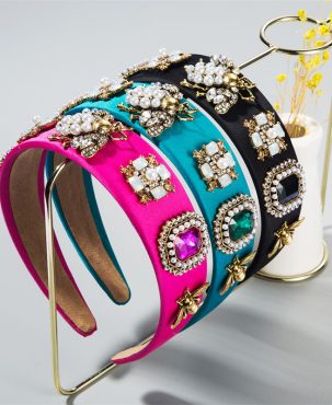 Creative Baroque Headband Rhinestone-Encrusted Pearl Headband Bee Color Fabric Garland Headdress