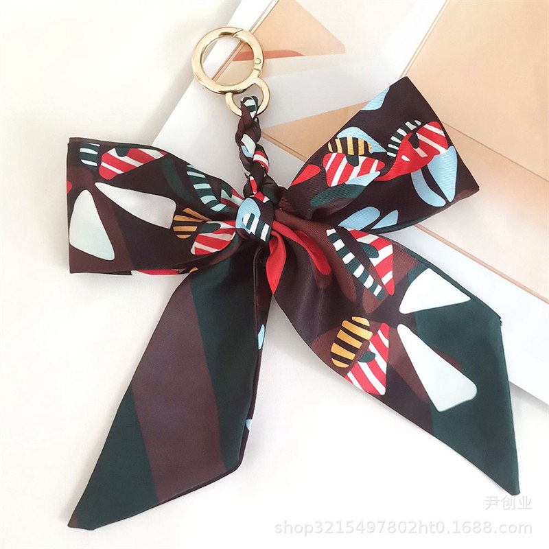 New Camellia Silk Scarf Bow Keychain Pendant Fresh Korean Style Girls' Bags Hanging Ornament Car Key Ring - 图片 19
