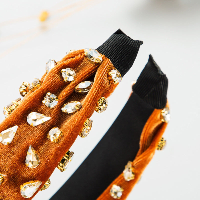 Fashion Gold Velvet Handmade Sewing Full Diamond Headband Retro Baroque Hair Accessories - 图片 12