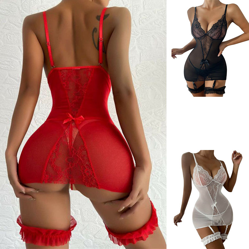 Women Sexy Lingerie Crotchless Lace Fishnet Bodysuit Bodystocking Babydoll Thong - 图片 21