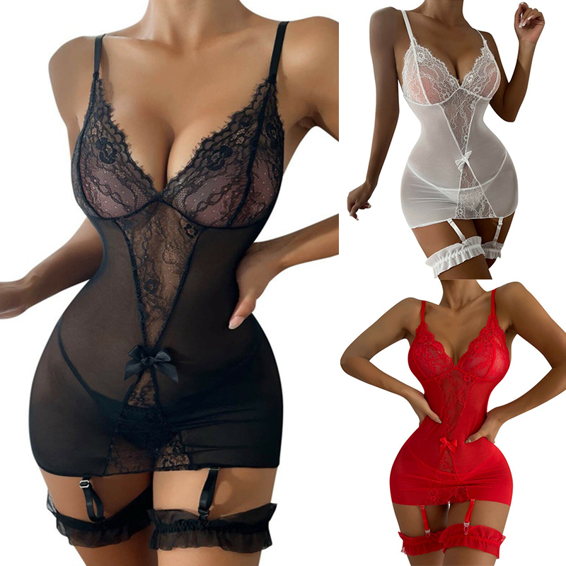 Women Sexy Lingerie Crotchless Lace Fishnet Bodysuit Bodystocking Babydoll Thong - 图片 19