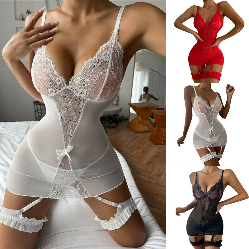Women Sexy Lingerie Crotchless Lace Fishnet Bodysuit Bodystocking Babydoll Thong - 图片 22