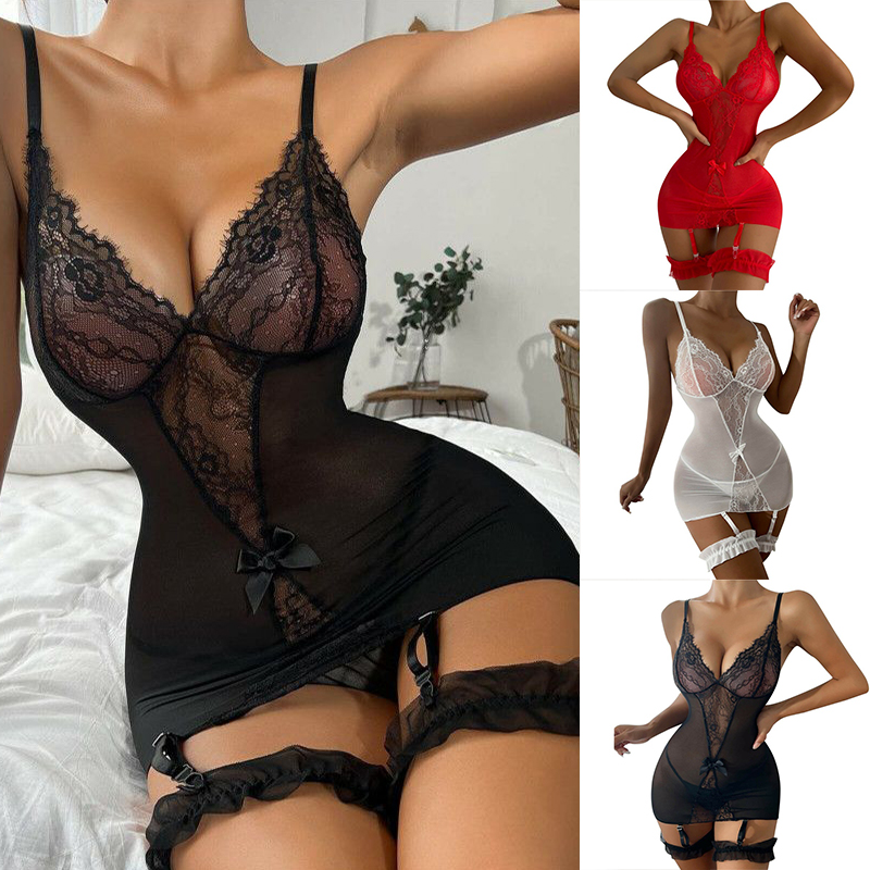 Women Sexy Lingerie Crotchless Lace Fishnet Bodysuit Bodystocking Babydoll Thong - 图片 23