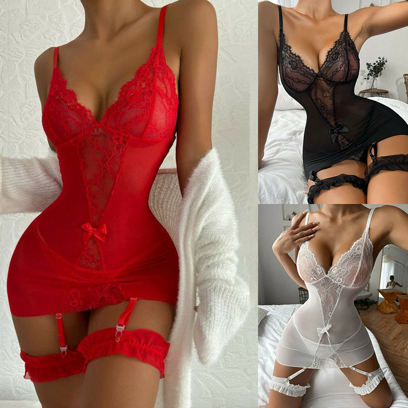Women Sexy Lingerie Crotchless Lace Fishnet Bodysuit Bodystocking Babydoll Thong - 图片 17