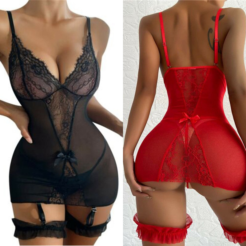 Women Sexy Lingerie Crotchless Lace Fishnet Bodysuit Bodystocking Babydoll Thong - 图片 24