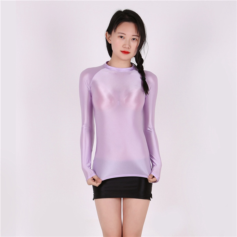Very Thin Shiny Shiny Tight Top Slim Fit T-shirt Sexy See through Breathable Comfortable Sports European and American plus Size 7051 - Image 13