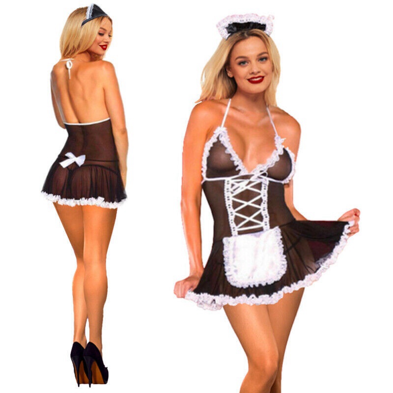 French Maid Sexy Lingerie Mesh BDSM Cosplay Uniform Outfit Lace Up Dress - Image 9