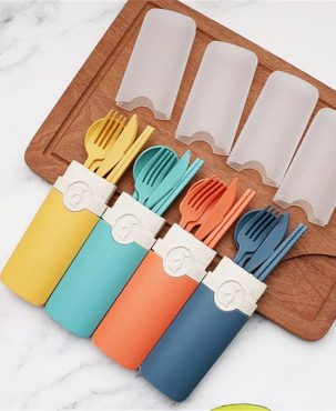 Portable Reusable Spoon Fork Travel Picnic Chopsticks Wheat Straw Tableware Cutlery Set With Carrying Box For Student Office