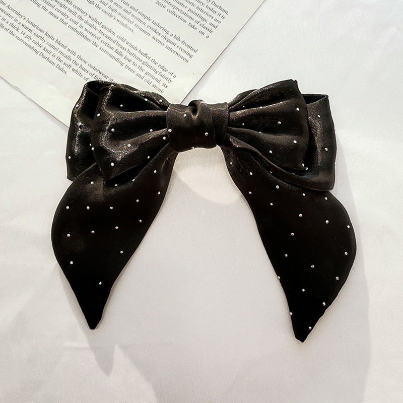 Barrettes Solid Color Shiner Rhinestone Fabric Bow Spring Clip Girl Horse Tail Head Clip - 图片 11
