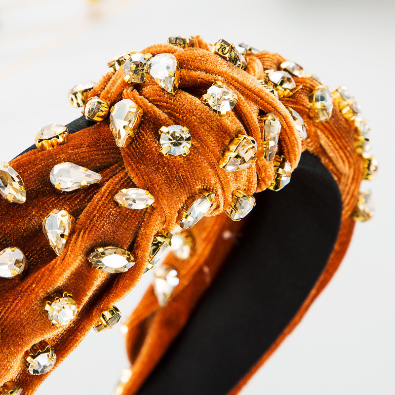 Fashion Gold Velvet Handmade Sewing Full Diamond Headband Retro Baroque Hair Accessories - 图片 13