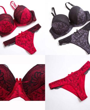 Sexy Red Black Push Up Bra Set Lace Lingerie Bra & Thong Ladies Underwear