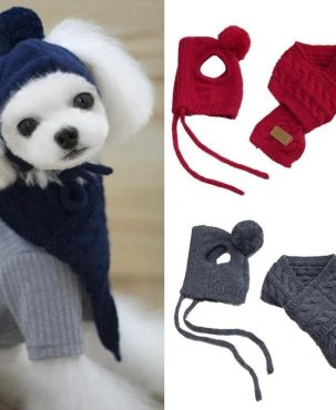 Hat for Dogs Winter Warm Stripes Knitted Hat+Scarf Collar Puppy Teddy Costume Christmas Clothes Santa Dog Costume