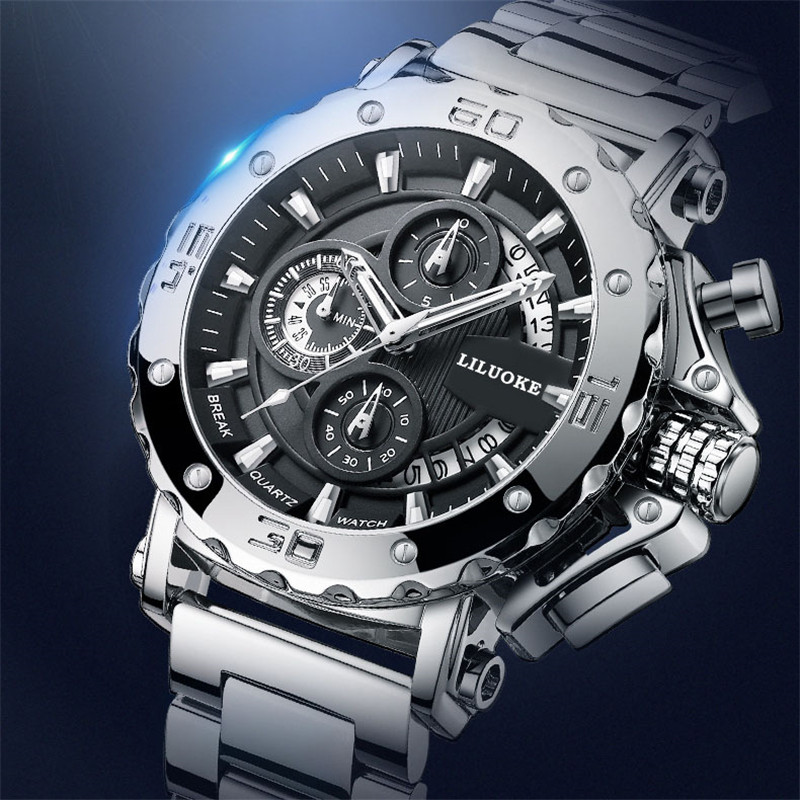 Watch Men's Thick Luminous Waterproof Men's Quartz Watch Black Silver Business Watch - Image 11