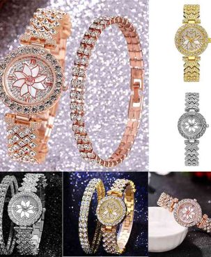 Watch & Bracelet Sets Ladies Women Analogue Wrist Watch Stainless Steel Gift/Box