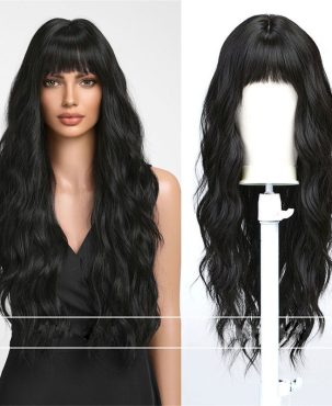 Natural Black Fringe Fashion Big Wave Long Curly Hair Fluffy Lady Wig Full-Head Wig