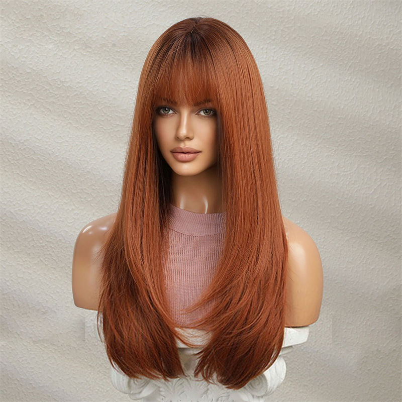Wig Women Long Straight Hair Dirty Orange Color Hair Full-Head Wig Fashion - Image 3