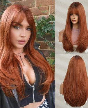 Wig Women Long Straight Hair Dirty Orange Color Hair Full-Head Wig Fashion