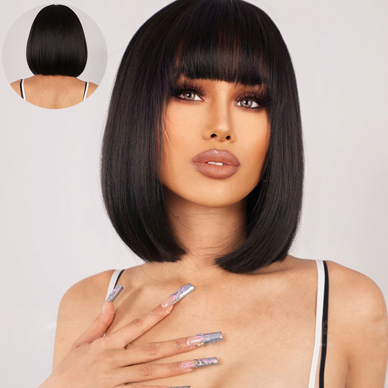 Women Natural Black Daily Go out Can Wear inside Buckle Tail Straight Bangs Short Hair - Image 11