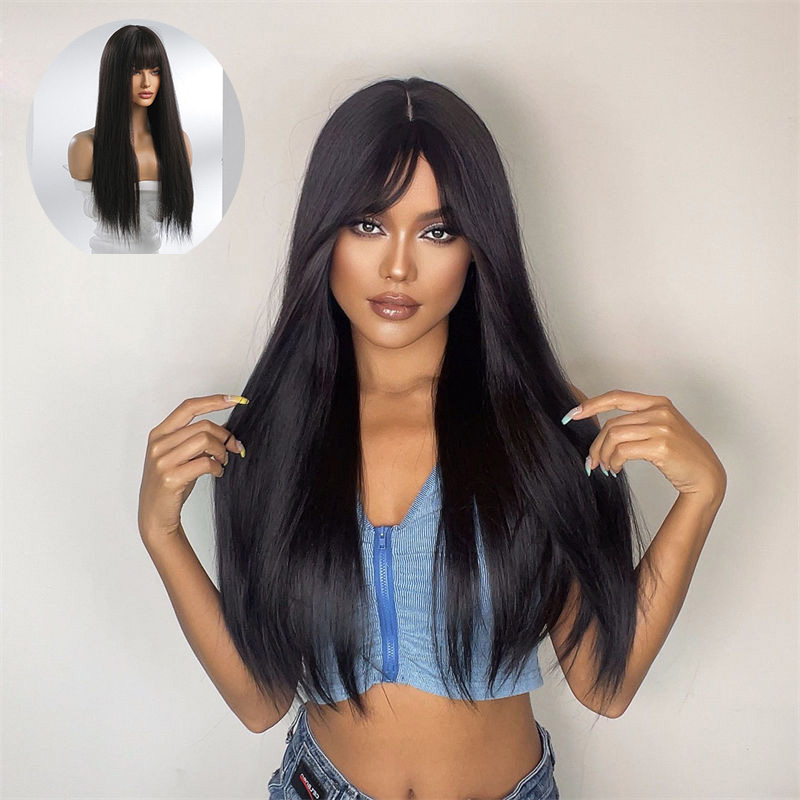 Black Long Straight Hair Straight Bangs Natural Daily Chemical Fiber Headgear Wig Female - 图片 16