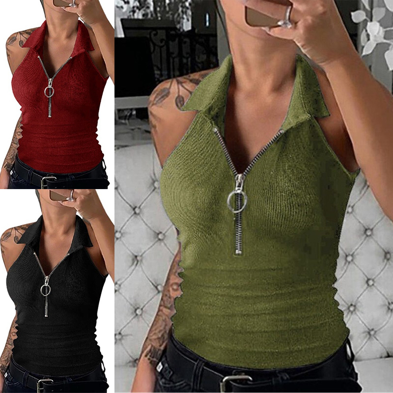 Tank Top Women Sexy Vest Zipper Large V-neck Sleeveless Shirt Slim Top Casual - 图片 22