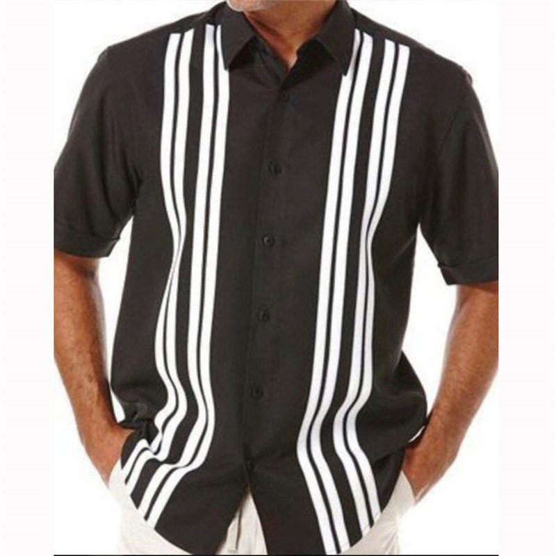 Mens Short Sleeve Lapel Summer Loose Shirt Print Casual Stripe Blouse Tops - Image 3