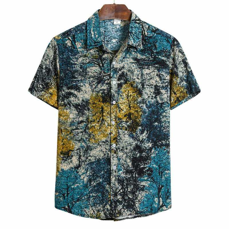 Mens Hippie Printed Button Down Shirts Short Sleeve Hawaiian Shirt Casual Tops - Image 6