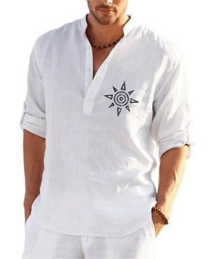 Mens Summer Short Sleeve Linen Shirts Solid Loose Casual Dress Shirt Blouse Tops