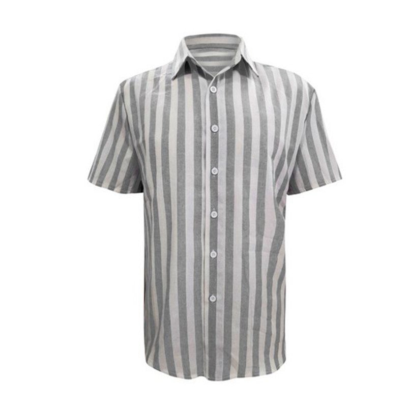 Mens Striped Short Sleeve Linen Style Shirts Casual Fit Formal Dress Top Shirt - Image 3