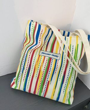 Rainbow Striped Canvas Bag Tote Bag Female One Shoulder Literary Travel Bag Student Class School Bag New Shopping Bag
