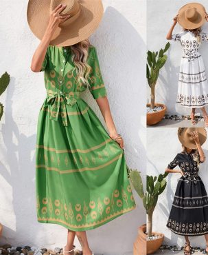 Women's Clothing Summer National Style Printing Half-Length Sleeve Dress