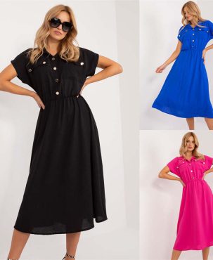 Women's Clothing Solid Color Casual Buttons Short-Sleeved Midiskirt Dress