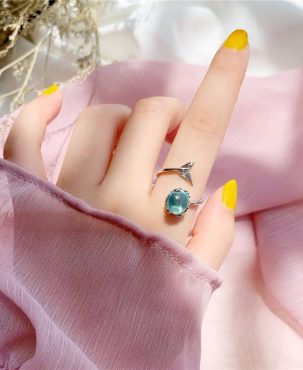 MERMAID TAIL & PRETTY STONE  925   SILVER ADJUSTABLE RING WITH GIFT BAG