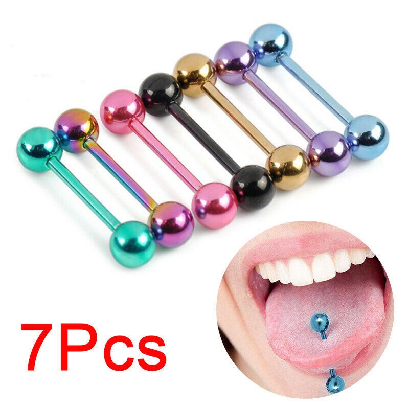 7 PCS Colorful Steel Bar Tongue Rings Body Piercing Jewelry Tounge Bars D