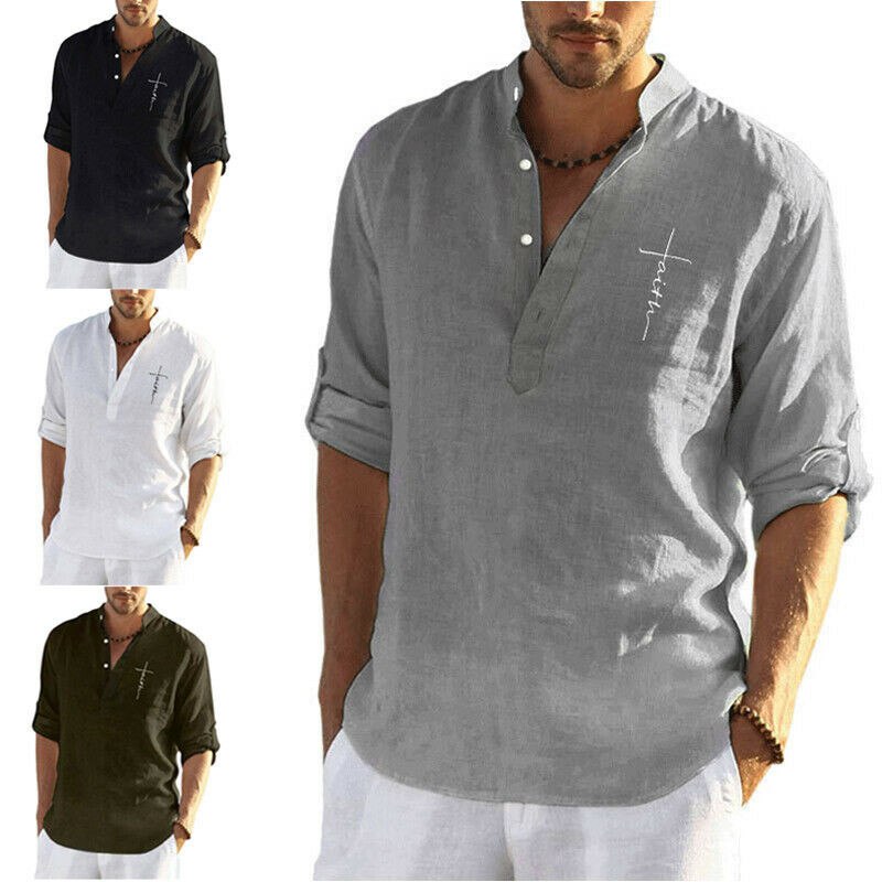 Mens Short Sleeve Linen Shirts Summer Solid Loose Casual Dress Shirt Blouse Tops