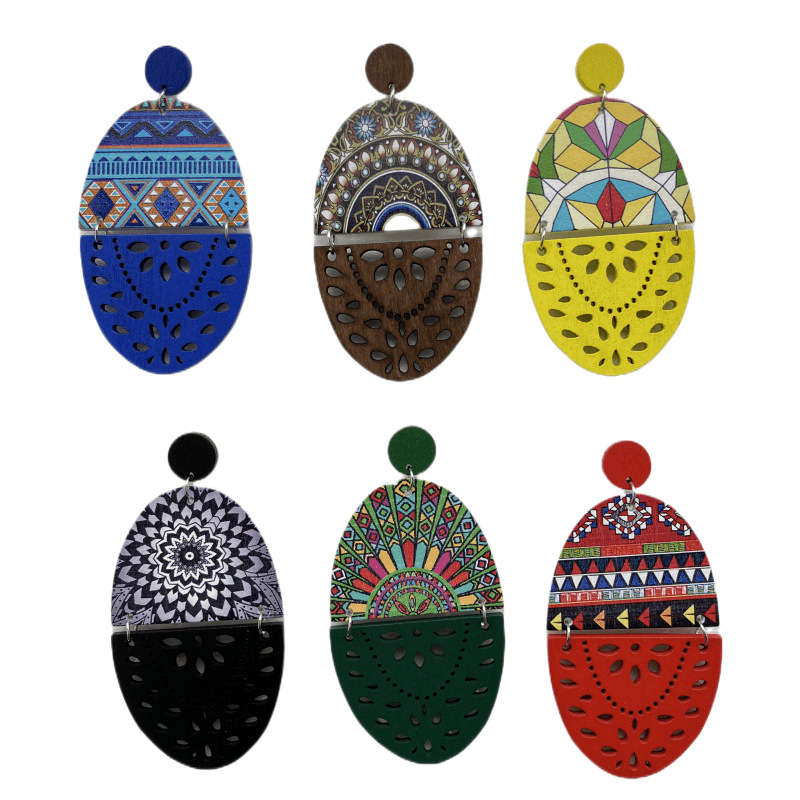 European and American Retro Wooden Dangle Earrings Printed Hollow Jewelry Earrings - 图片 3