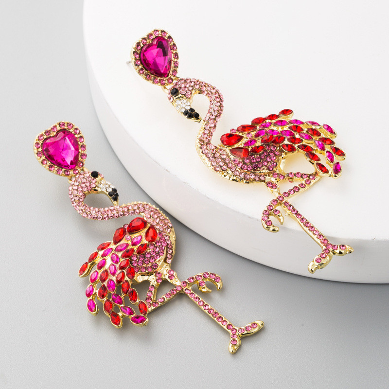 Flamingo Earrings Women's Long Rhinestone Earrings Retro Exaggerated Alloy Earrings