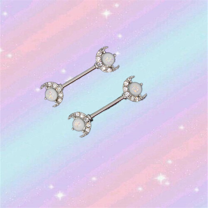 Opal Moon Breast ring body piercing jewelry crescent Moon Nipple Bar Barbell 1.6mm x 14mm - Image 6