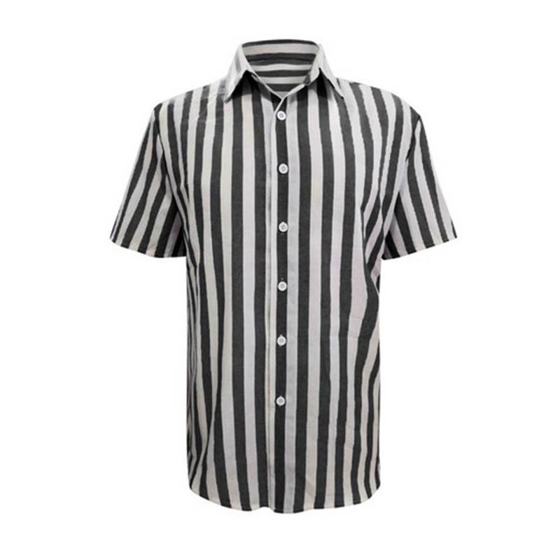 Mens Striped Short Sleeve Linen Style Shirts Casual Fit Formal Dress Top Shirt - Image 4