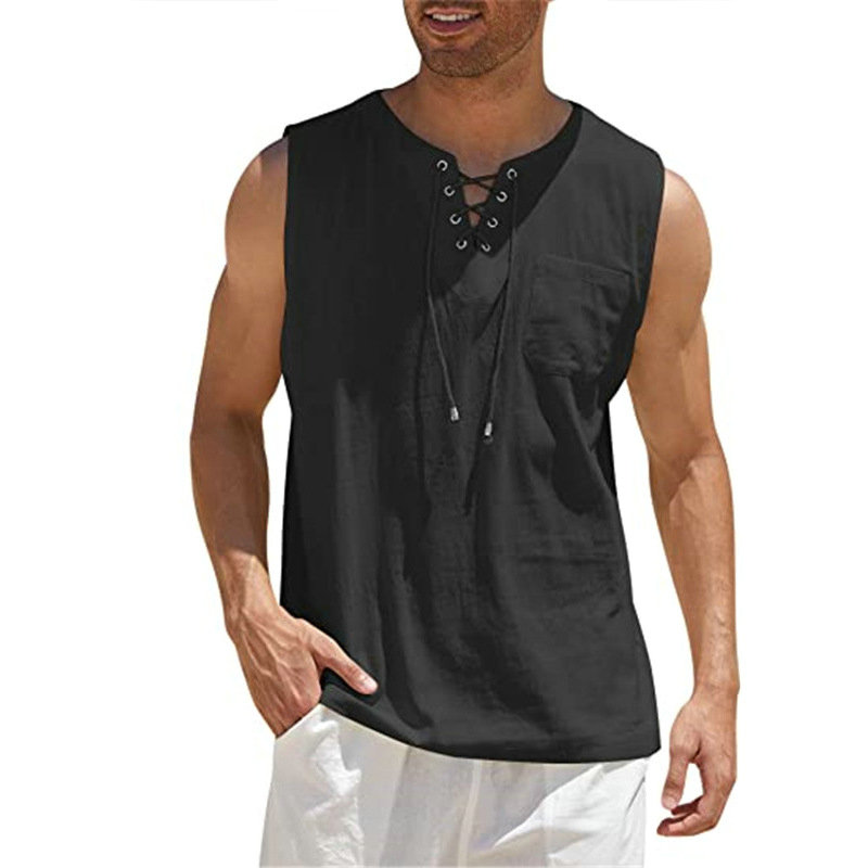 2024 Cross-Border Amazon Hot Sale New Men's Vest Shirt Lace-up Fashion Solid Color Cotton Linen Short Sleeve T-shirt - 图片 3