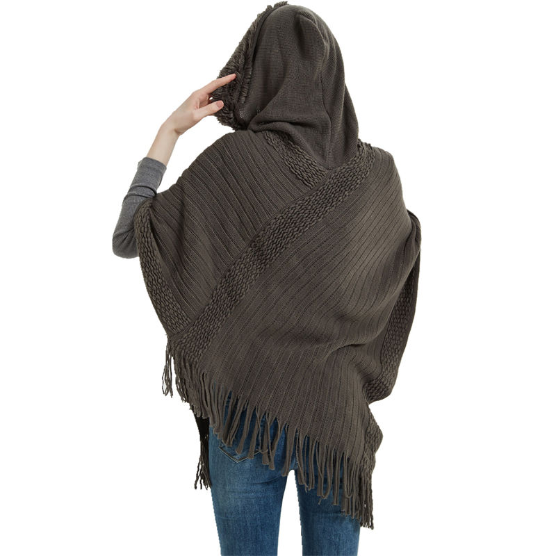 Shawl Ladies Autumn and Winter Solid Color Striped Tassel Hooded Cloak Keep Warm - 图片 3