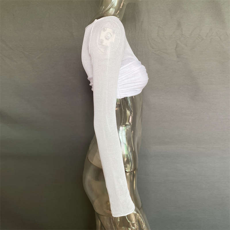 Women's Clothes Off Neck See Through Short Top Long Sleeve Sexy Top Fashion - 图片 9