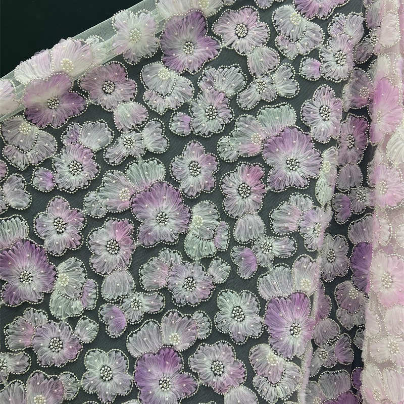 3D Flower Heavy Industry Embroidery Pearl Fabric DIY Lace Bead Mesh Fabric - 图片 3