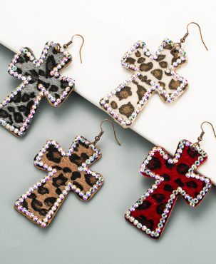 Cross-Shaped Duplex Printing Leopard Print Earrings Genuine Leather Retro Ins Earrings