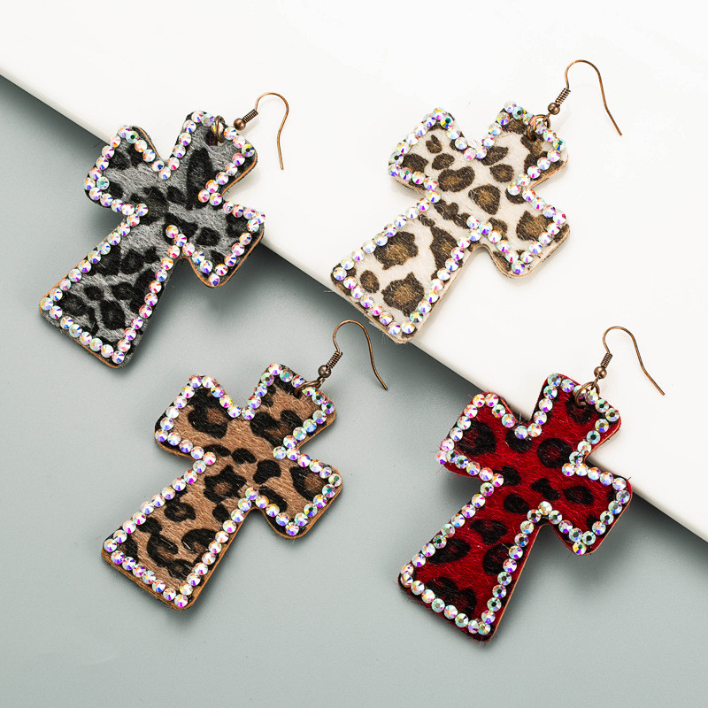 Cross-Shaped Duplex Printing Leopard Print Earrings Genuine Leather Retro Ins Earrings