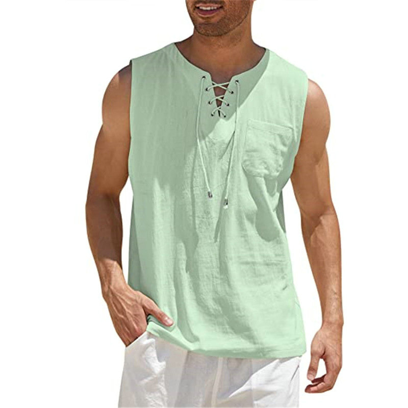 2024 Cross-Border Amazon Hot Sale New Men's Vest Shirt Lace-up Fashion Solid Color Cotton Linen Short Sleeve T-shirt - 图片 4