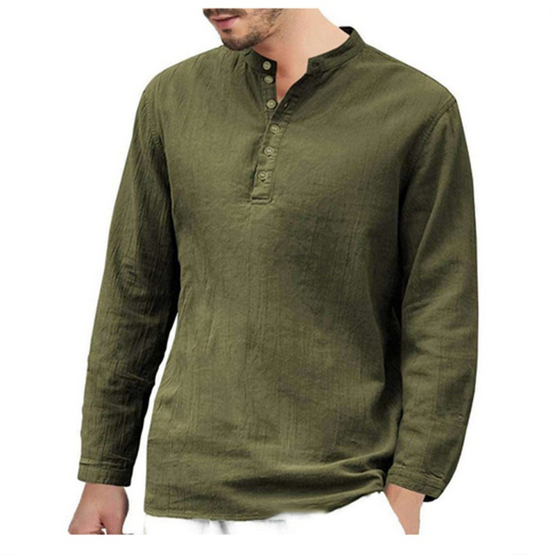 Men's Linen T-shirt Long Sleeve Casual Grandad Shirts Loose Blouse Tops Formal - 图片 3