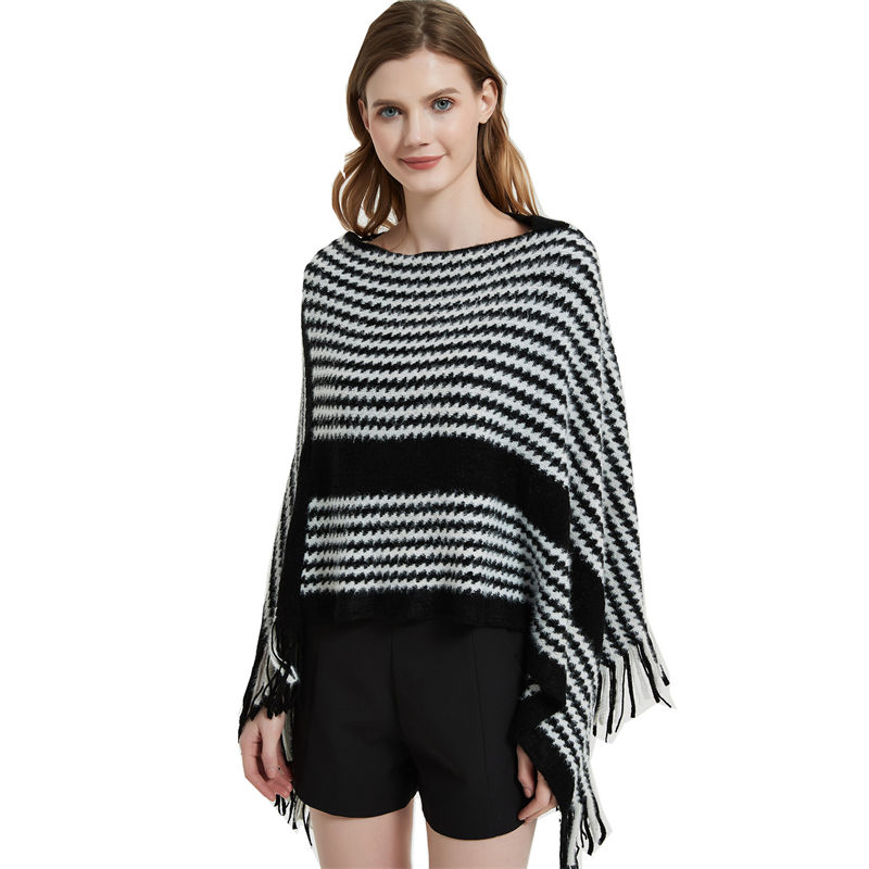 Pullover Cape Shawl Autumn Winter Bat Sweater Black Striped Knitted Shawl Keep Warm - 图片 4