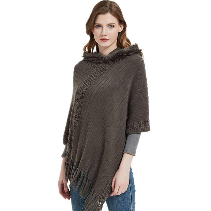Shawl Ladies Autumn and Winter Solid Color Striped Tassel Hooded Cloak Keep Warm - 图片 5