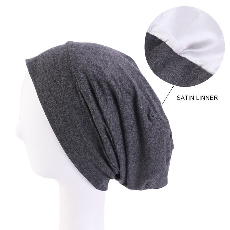 Elastic Cotton Sleeve Cap Pile Cap Satin Lining Double Layer Nightcap Shower Cap - 图片 3